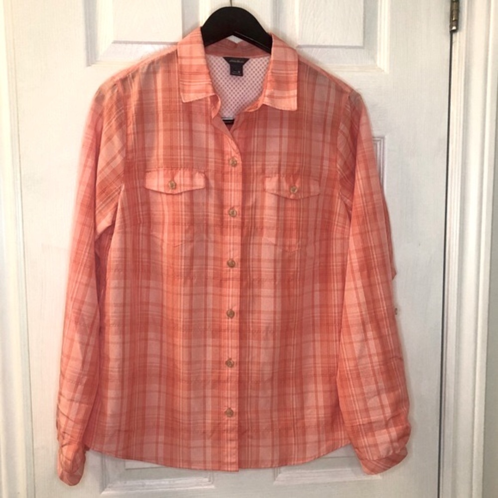 Eddie Bauer moisture wicking button up shirt, light orange plaid, medium